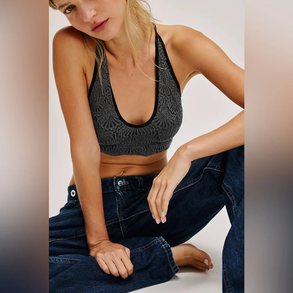 NWOT Free People Floral Textured Cross Back Bralette Black Size XS/S